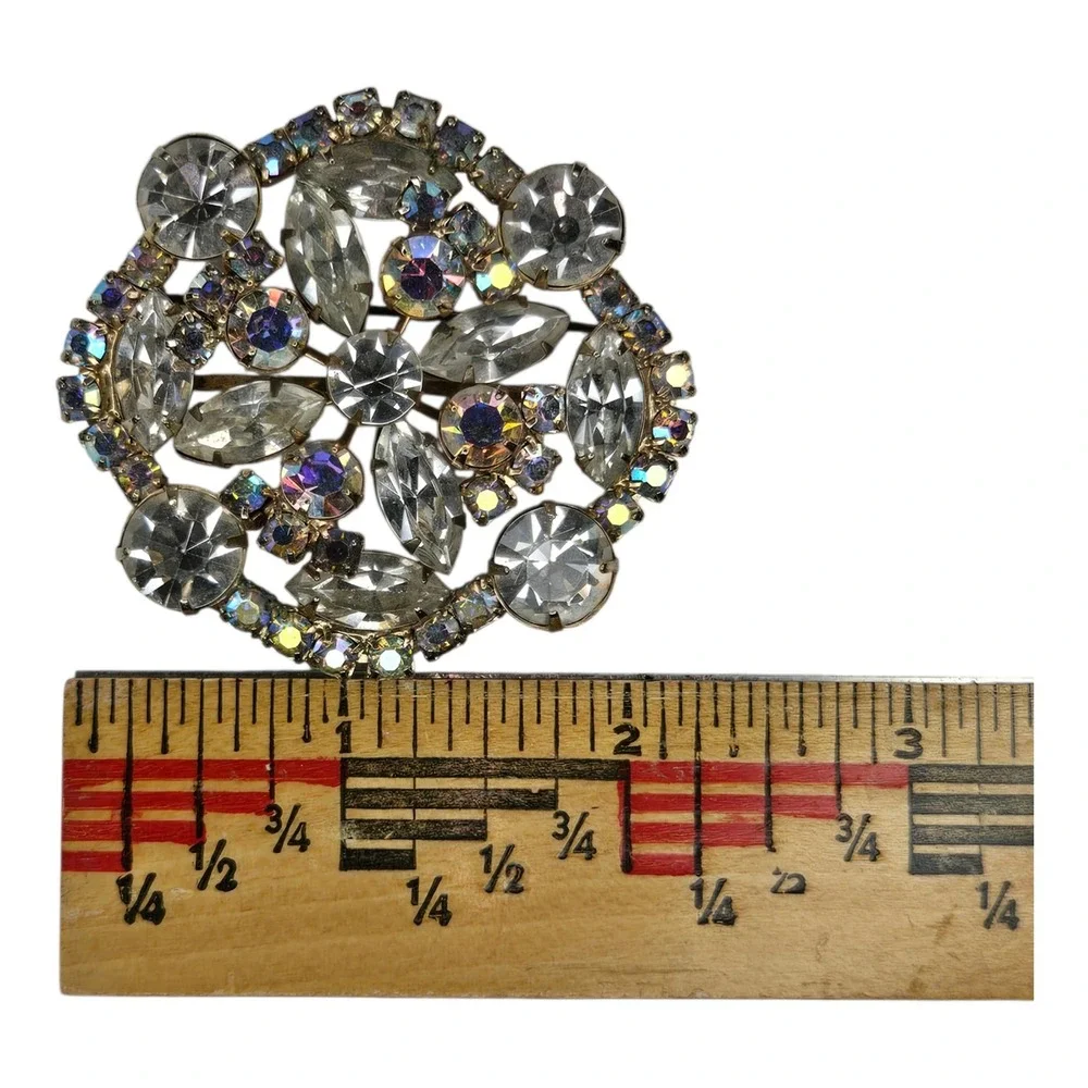 Vintage Brooch Pin Rhinestone Gold Tone Multicolor Aurora Borealis Sunburst
